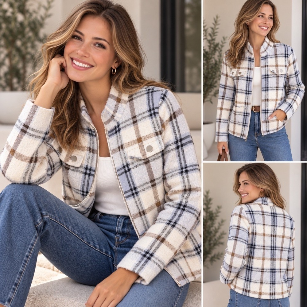 Rachel Zoe Womens L Plaid Shacket Zip Front Light Purple Fleece Tartan